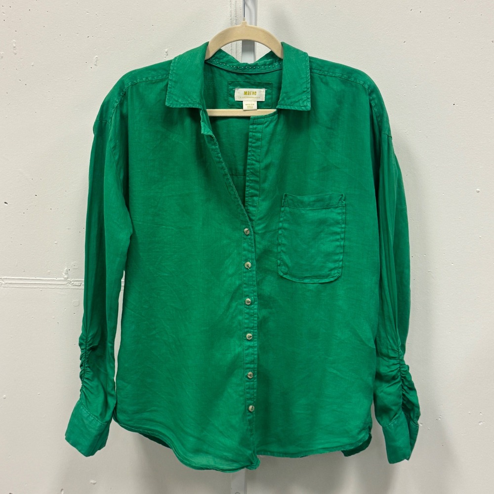 Maeve Anthropologie Green 100% Linen Ruched Sleeve Button Down Shirt Med Summer